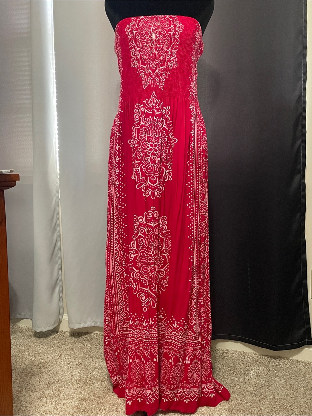 Smocked Strapless Red Maxi Dress with White Paisley Print
